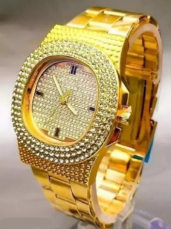 Golden Stone Studded Diamond Wrist Watch for Boys & Men – Elegant Stainless Steel Design