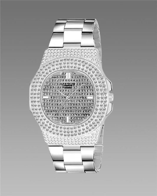 Golden Stone Studded Diamond Wrist Watch for Boys & Men – Elegant Stainless Steel Design